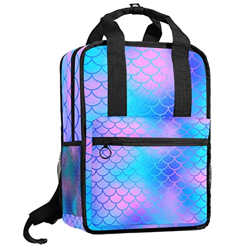 Sac à dos pour garçons et filles motif écailles de sirène bleu et rose à bretelles réglables
