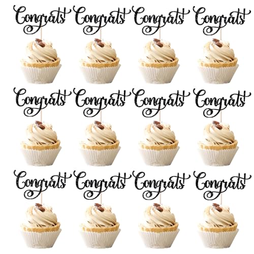 Crseniny 24 Pcs Congrats Cupcake Toppers,Black Glitter Celebration Cupcake Toppers,Congrats Grad/Birthday/Wedding/Anniversary/Engagement/Retirement/Graduation Party Decoration Supplies