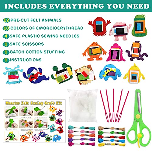 Cosysparks Felt Sewing Craft Kit for Kids 12 Pack Monster Sewing Kit Childrens Sewing Kits for Beginners Fun DIY Educational Sewing Craft Gift with Sewing Tools for Boys Girls (Monster) - Image 2