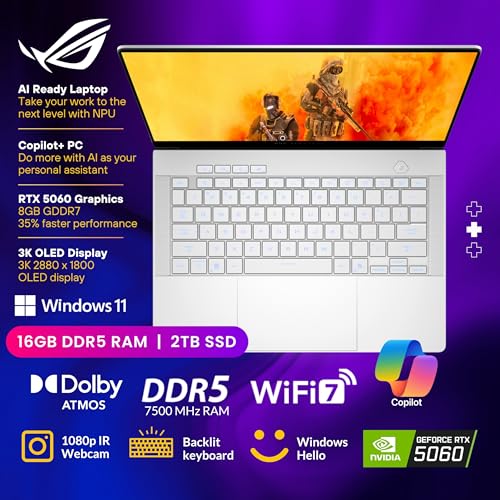 Image of ASUS ROG Zephyrus G14 AI Gaming Laptop, 14 inch 3K OLED Display, AMD Ryzen 9 270(>i9-12900H), GeForce RTX 5060, Liquid Metal Cooling, Dolby Vision & Atmos, Windows 11 Home, White(16GB DDR5 RAM | 2TB SSD)