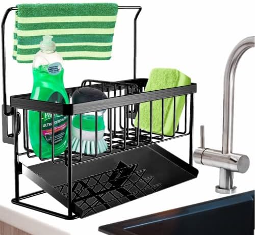 DMJWAN Kitchen Sink Caddy Organizer, 304 Stainless Steel Sponge Holder Sink Caddy for Dish Rags Brush Soap Scrubber with Auto Drain Tray