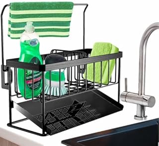 DMJWAN Kitchen Sink Caddy Organizer, 304 Stainless Steel Sponge Holder Sink Caddy for Dish Rags Brush Soap Scrubber with Auto Drain Tray
