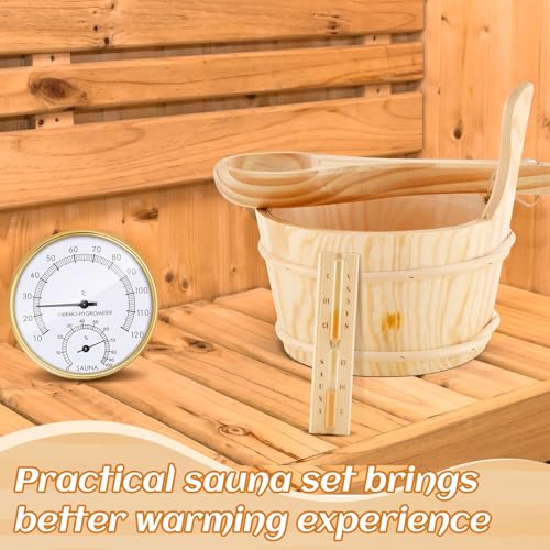 4 Pcs Sauna Accessories Set Include Wooden Sauna Bucket (With Plastic Liner) with Ladle 2 in 1 Thermometer Hygrometer Hourglass Timer Kit for Steam Room Bathroom, 4L (1 Gallon) Water Capacity - Thumbnail 6
