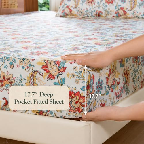 Image of FADFAY Full Ivory 100% Egyptian Cotton Paisley Sheets Set 4 Piece, Vintage Botanical Cottagecore Bedding, Soft Breathable Boho Floral Farmhouse Bedding with Deep Pocket Fitted Sheet for All Seasons