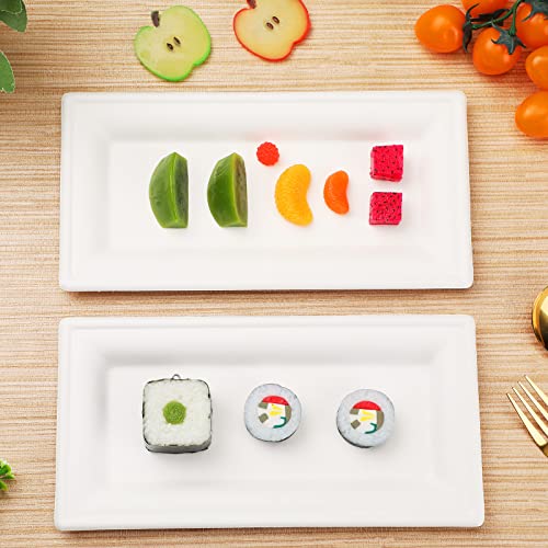 Hotop Disposable Rectangle Plates White Rectangle Serving Platter Heavy Duty Sugarcane Bagasse Plate For Outdoor Indoor Parties Serve Meals Snacks Deserts Fruits (200 Pieces) #TOP3