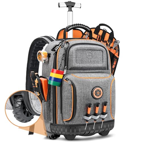 Backpack Tool Bag with Wheel, Rolling Tool Backpack for Electrician Heavy Duty Roller Tool Bag on Wheel for Construction, 75 Pockets & Loops Tool Backpack with Molded Base and Lock - Grey