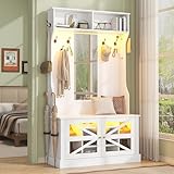 Semoic Farmhouse Hall Tree with Bench and Shoe Storage, 7-in-1 Entryway Storage Bench with 8 Coat Racks, Shoe Rack with 7 Shoe Cubbies & Mirror & LED Light, Mudroom/Hallway Storages, White