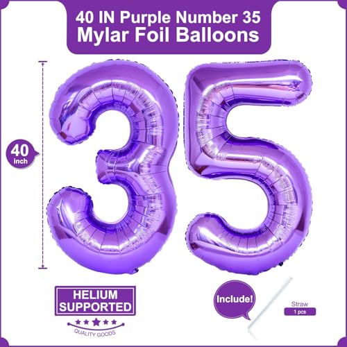 Image of Number 35 Purple Balloons 40 Inch Giant Purple Foil 35 Helium Balloons for 35th Purple Birthday Party Supplies 35th Anniversary Events Decorations