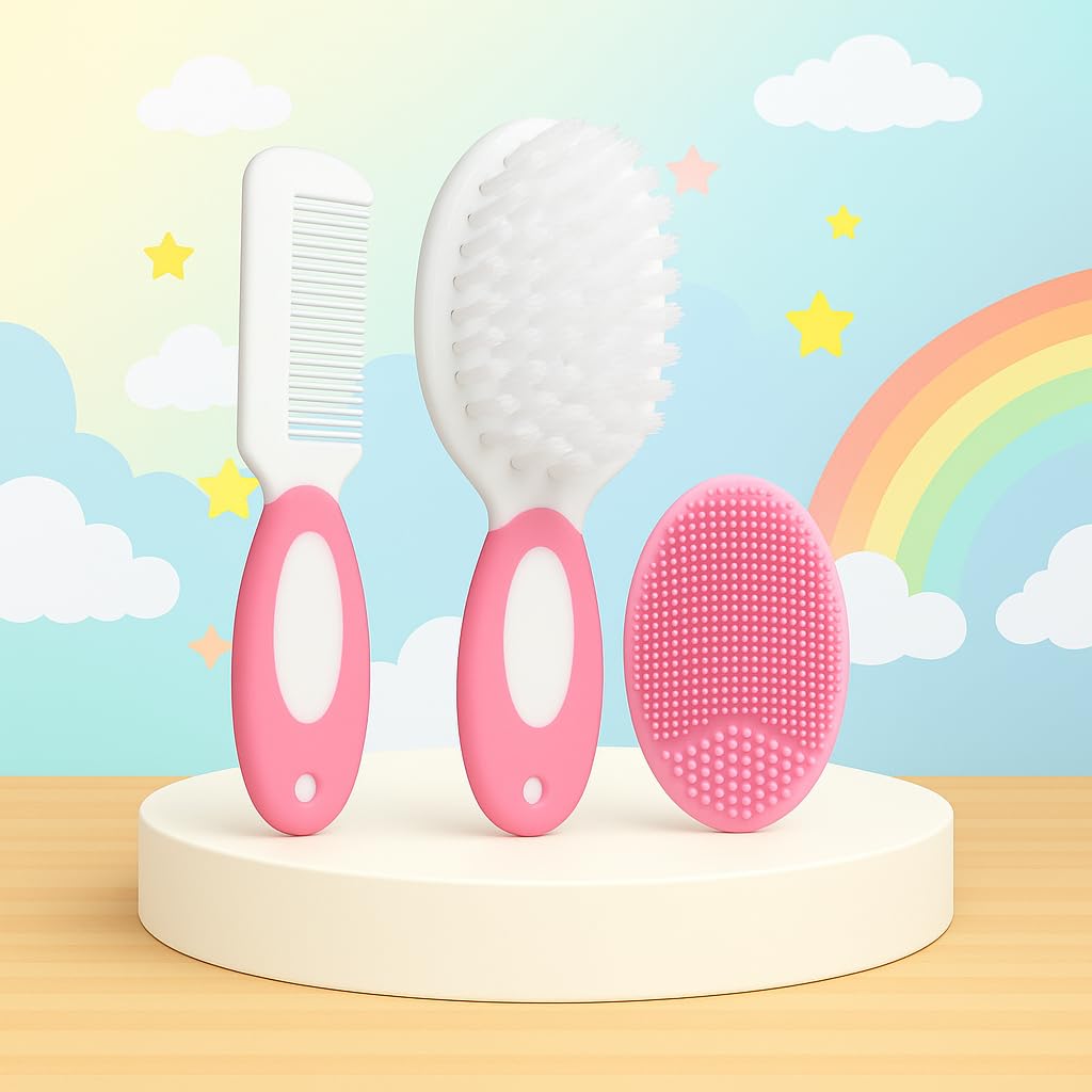 The Cheeky Kidzz Baby Skin Care 3in1 Soft Bristles Hair Comb and Rounded Tip Hair Brush for Babies Sensitive Grooming BPA Free (Pattern 104)-image-48