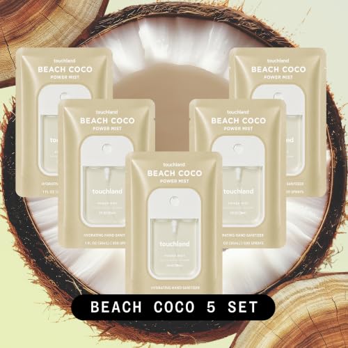 Image of Touchland Beach Coco Hydrating Hand Sanitizer Spray, 5 Pack Travel Size | TSA ready Power Mist with skincare benefits. Tropical and fresh scent, transporting you to sun-drenched shores.
