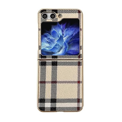 STVBNDHTWRT Capa de telefone com design de padrão xadrez moderno para Samsung Galaxy Z Flip 5 capa fofa capa luxuosa com borda chapeada à prova de choque feminina para Z Flip5 5G - bege