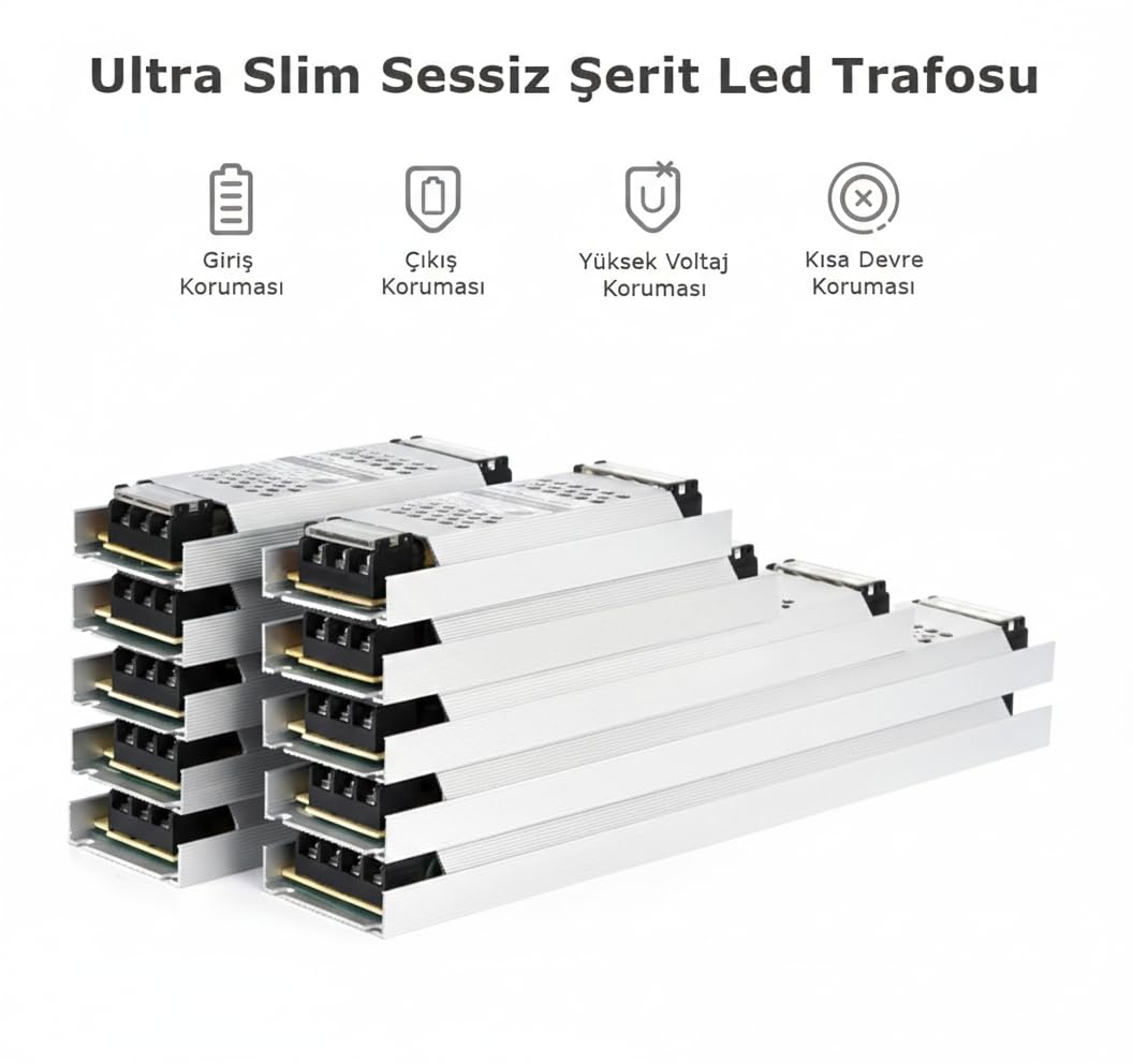 12V Ultra Slim Sessiz Şerit LED Trafosu - Cata Metal Kasa İnce Tasarım Klemensli Adaptör (5A / 12.5A / 17A / 21A / 30A Seçenekleri), IP20 İç Mekan (21 Amper)