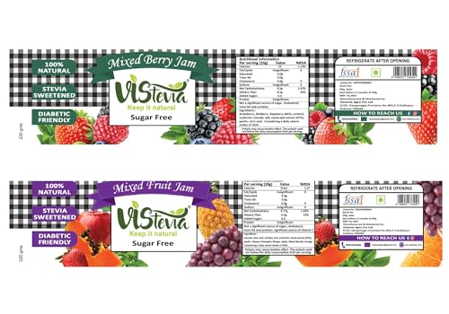 Image of Vistevia Sugar Free Combo of Mixed Fruit Jam & Mixed Berry Jam, Diabetic and Keto Friendly - Sweetened Naturally with Stevia, More Than 60% Berry Content - Tastes Delicious - Pack of 2 (220 * 2GM)