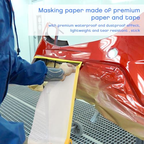 Image of Seajan 18 Roll Painters Plastic with Tape Pre Taped Masking Film for Painting Automotive Paint Adhesive Protective Film Masking Tape Roll Plastic Painting Covering (White,5 x 65 Ft)