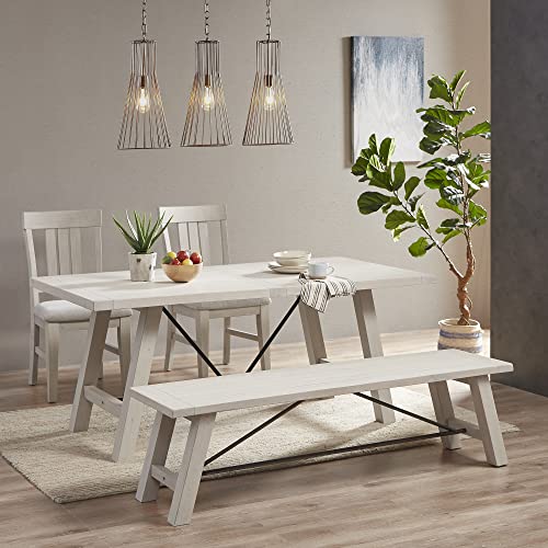 Ink+Ivy Sonoma Dining Bench 3 Seater Seating Chair With Rustic Metal Accents Support, Country Modern Farmhouse Kitchen Furniture, 66" W X 17" D X 18" H, Reclaimed White #TOP1