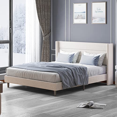 Mjkone Queen Wood Platform Bed Frame With Upholstered Headboard And Strong Wooden Slats | Strong Weight Capacity | No Box Spring Needed | Easy Assembly(Beige) #TOP6