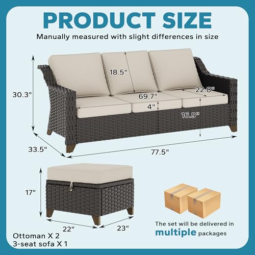 Image of 3 Pieces Outdoor Conversation Furniture Set - 77 inch Patio Sofa, 2 Rattan Wicker Ottomans, Patio Wicker Couch Set with Water-Resistant and Washable Cushions for Sunroom, Deck, Porch (Beige) | Patio Chair Set with Olefin Removable Cushion, All-Weather Outdoor Couch with Deep Seat for Porch, Deck and Backyard, Beige