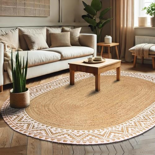 Image of voyzz home 5X8 Feet-Oval, Premium Natural Jute Braided Area Rug, White Printed Border & Backing, Stain Resistance, Natural Brown, Handmade Rug for Entryways, Living Room, Dining Room,Bedroom,Farmhouse