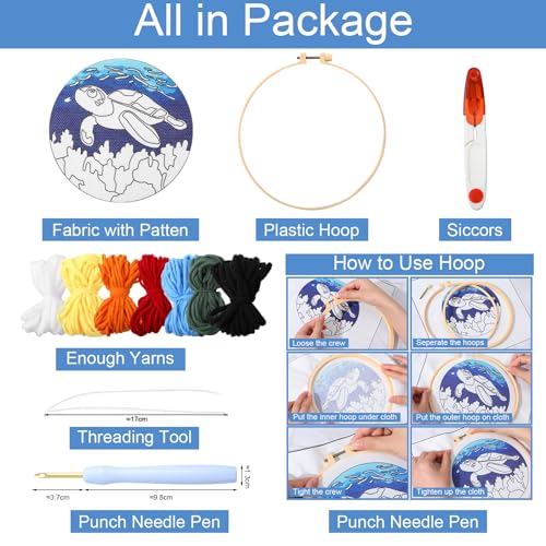 Image of SmoothNovelty Turtles DIY Punch Needle Kits for Beginners with Hoop Embroidery Fabric Instructions Thread Punch Needle Craft Set Easy for Starter Adults and Children Gift Decoration, 20x20cm-4