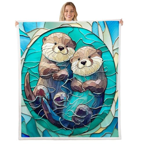 feelingyou Manta de franela para parejas de nutrias para niños y niñas, encantadora manta de cama de animales salvajes, color verde azulado, manta de cama, estilo vidrieras, manta de felpa suave y