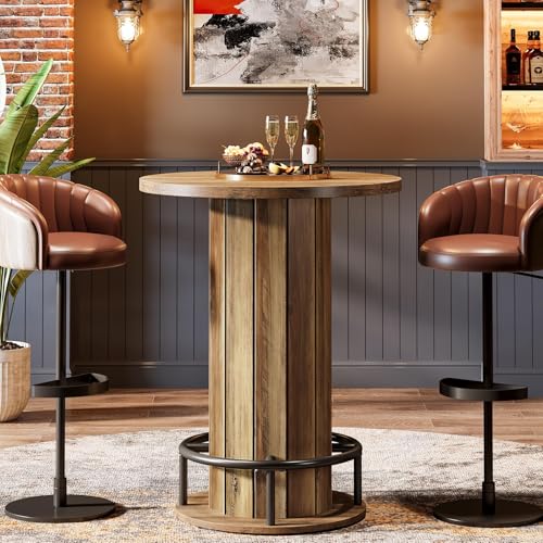 Tribesigns Table mange-debout ronde de 100 cm de haut en bois bistro avec repose-pieds en métal pour salle à manger, café, cocktail, marron (table...