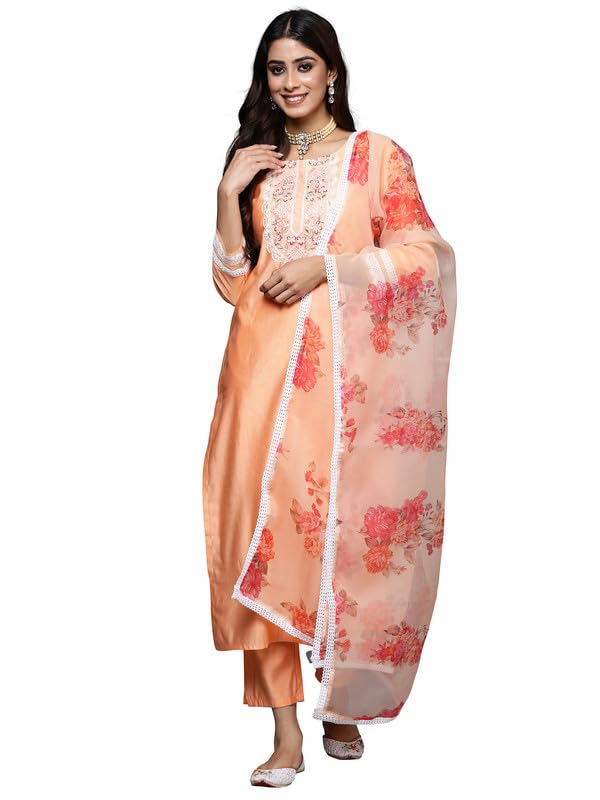 Indo Era Women's Embroidered Viscose Calf Length Straight Kurta Trousers with Dupatta Set (KH1PH9366) in neutral