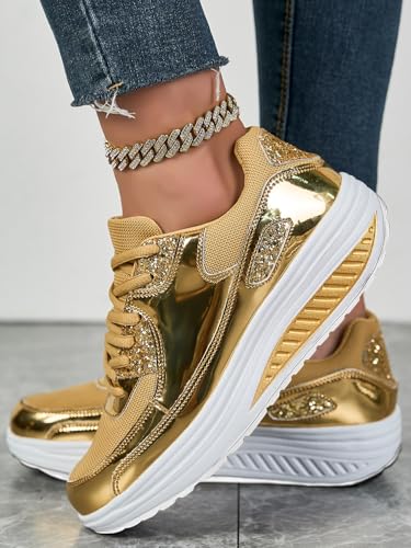 HUIQINGLI Women’s Trendy Casual Sparkling Style Platform Sneakers, Rhinestone Fashion Gold Shoes, Casual Lace Up Walking Shoes2