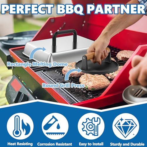 Image of SafBbcue Round Cast Iron Smash Burger Grill Weight Press & Griddle Steamer Melting Dome Basting Cover for Blackstone Flat Top Grills Accessories, 14 inch Rectangular Stainless Steel Grill Basting Cover