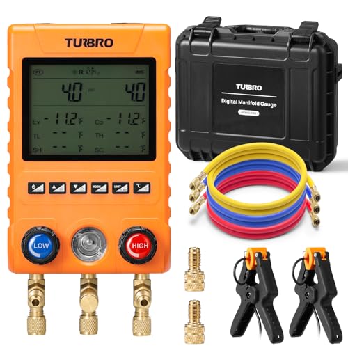 Image of TURBRO Digital Manifold Gauge Set | Digital, with 2 Temp Clamps & 3 Hoses, for HVAC Pressure & Temp Measurement