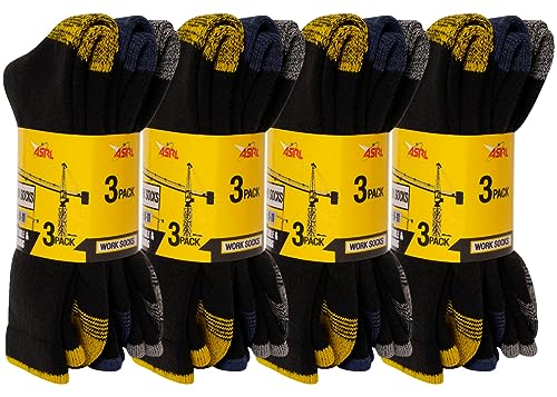 12 Pairs-Mens Work Socks Heavy Duty Black Heel hiking walking and Toe Re-inforced Fully Cushioned Thick Socks Men-Size UK 6-11