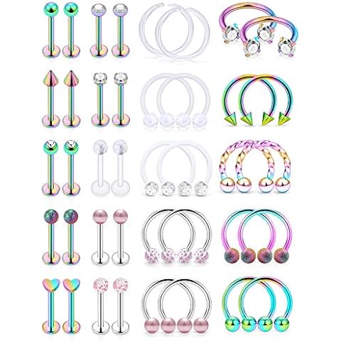 Hoeudjo 16G Surgical Steel Lip Rings Clear Diamond CZ Labret Studs Tragus Horseshoe Ring Helix Hoop Earring Body Jewelry Piercing Retainer for Women Men Rainbow Cover
