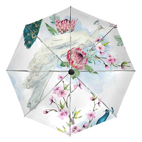 Preisvergleich Produktbild MALPLENA Regenschirm, Weiß und Blau, Seide, Pfauenmuster, automatisch, tragbar, geeignet für Männer und Frauen, Geschenkwahl