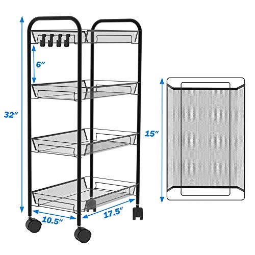 JEKOSEN 4 Tier Metal Rolling Cart Mesh Wire Storage Carts with Wheels Utility Cart Organizer for Kitchen, Home, Office 4 Wire Baskets Lockable Wheels Black