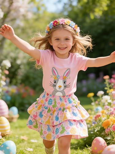 Image of Little Girls Skirt Set - 2 Piece Short Sleeve Top Shirred Tiered Skirt Outfit Girls Spring Summer Clothes 3-8 Years