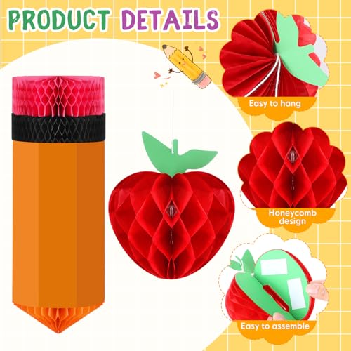 Image of Pajean 48 Pcs Happy First Day of School Classroom Decorations with Pencil and Red Apple Shaped Hanging Honeycomb Centerpieces Banner Decor for Classroom Back to School Ceiling Party Supplies