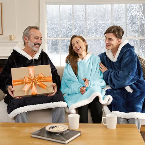 Image of Giggling Getup Wearable Blanket Hoodie for Women Men Gifts for Women Mom Wife Sherpa Fleece Hooded Blanket Sweatshirt Warm Cozy Sherpa Wearable Throw with Pocket & Sleeves for Adult Standard Sky Blue