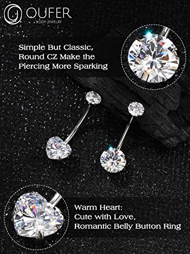 Oufer Belly Button Rings, G23 Solid Internally Thread Titanium Belly Piercing Jewelry, Clear Cubic Zircon Belly Rings For Women, Long Bar Belly Button Jewelry-Round #TOP3
