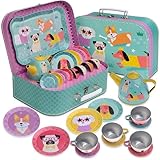 Jewelkeeper 15 Piece Kids Party Tin Tea Set for Toddlers - Kids Pretend Toy Tin Tea Set & Carrying Case - Puppy Design kids tea party set - childrens tea sets for toddlers