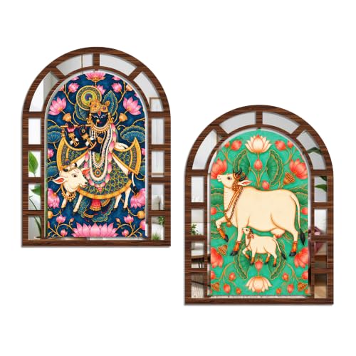 Image of Artvibes Shrinathji & Kamdhenu Cow Wall Hanging Decor | Decorative Wall Accent | Jharokha Mirror for Living Room, Hall, Bedroom, Pooja Room, Reception, & Entryway | Gift (WHJ 12038N), Set of 2