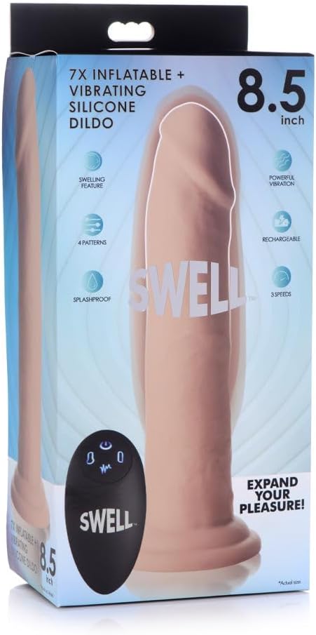 7X Inflatable and Vibrating Remote Control Silicone Dildo - 8.5 Inch Beige