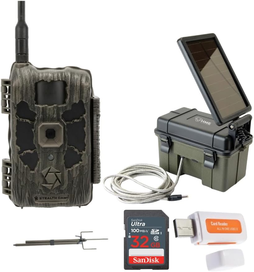 Stealth Cam 40MP Deceptor Max Cellular Trail Camera Bundle with 12V Solar Auxiliary Power Pack, Trail Camera Mount Stick, 32GB Ultra SDHC UHS-I Memory Card, and Card Reader (5 Items)