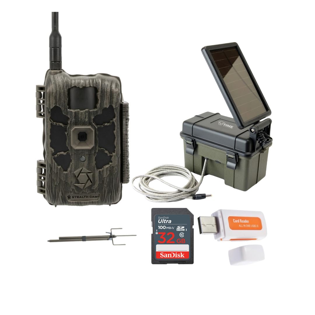 Stealth Cam 40MP Deceptor Max Cellular Trail Camera Bundle with 12V Solar Auxiliary Power Pack, Trail Camera Mount Stick, 32GB Ultra SDHC UHS-I Memory Card, and Card Reader (5 Items)