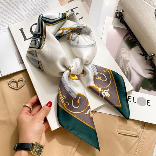 Square Neck Scarf, Printed Head Hair Scarf, Satin Headscarf Bandanas Scarves for Women Lady