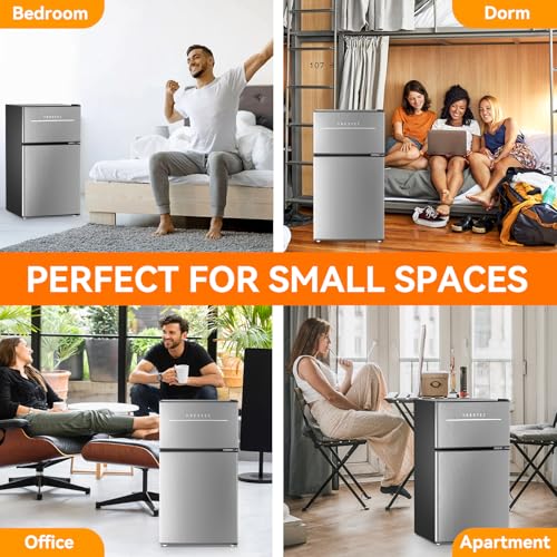 Frestec Mini Fridge with Freezer 3.2 Cu.Ft. 2 Door Refrigerator and Freezer Small Fridge for Bedroom Home Office Dorm, Small Drink Chiller, 37 dB Low Noise, Stainless Steel on Fridge.com