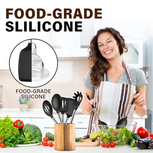 Image of 5Pcs Silicone Cooking Utensils Set, Heat Resistant Kitchen Tools Include Solid&Slotted Spatula, Cooking Spoon and Pasta Server, Silicone Kitchen Utensils set for Nonstick Cookware Flipping, Black