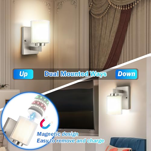 Image of Battery Operated Wall Sconce Set of 2, 10000mAh Wireless Rechargeable Wall Sconce with Remote Control, RGB Dimmable Bathroom Light Fixtures with Double Clear Glass Shade for Mirror Bedroom