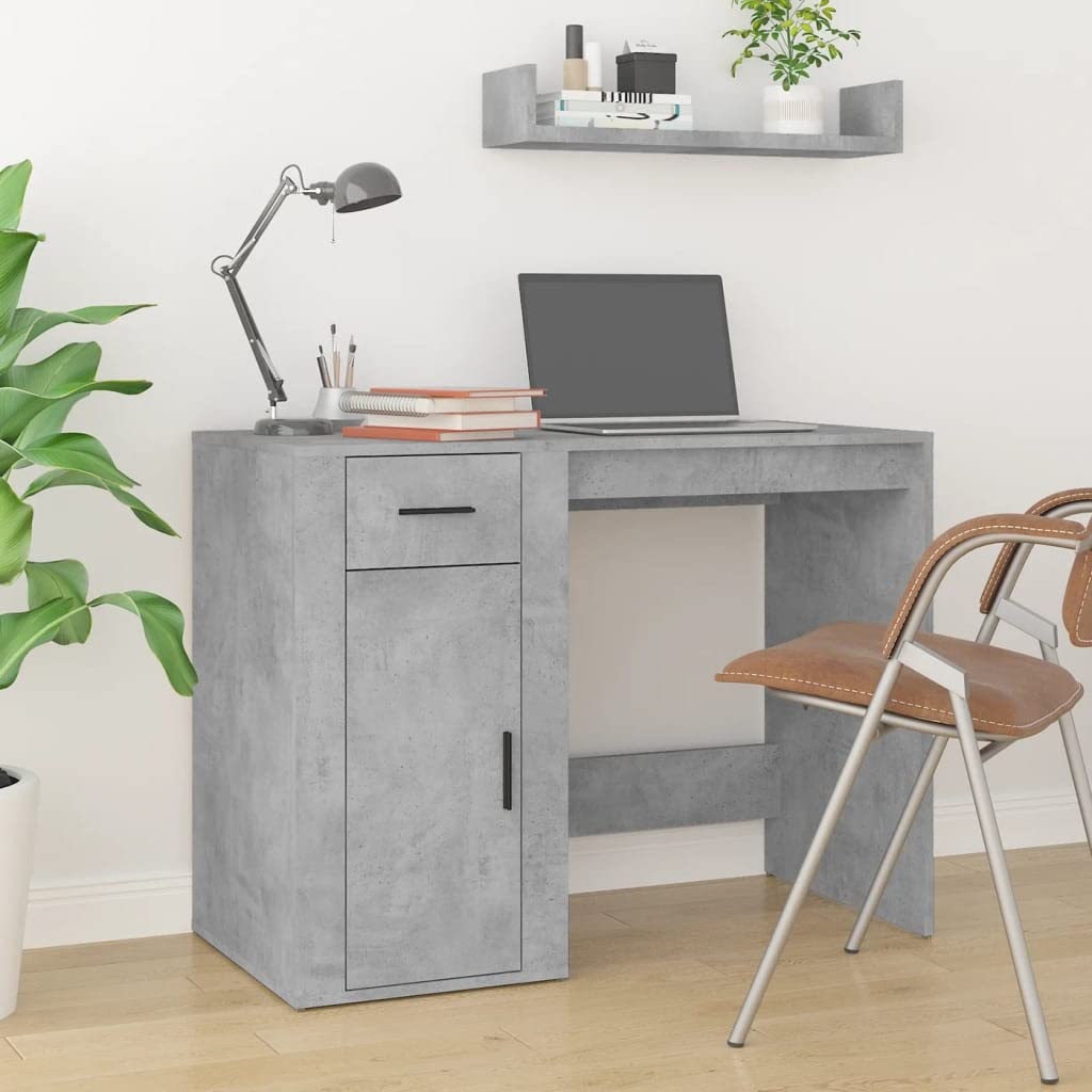Escritorio con gabinete de madera procesada gris hormigón para estudio y