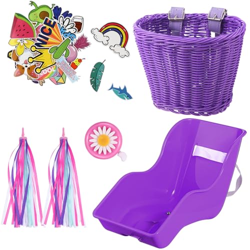 Aurelema Doll Bike Seat with 30 Pcs Stickers Decals Bicycle Basket for Kids Handlebar Streamers Colorful Ribbons Tassel Daisy Bike Bell for Girls Boys Bicycle Accessories Christmas Kids Gift(Purple)