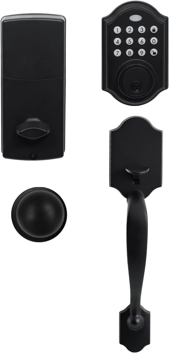 KIAYACI Front Door Lock Set Door Handle Sets Entry Door Locksets with Keypad Deadbolt Single Cylinder HandleSet with Curved Handle Lower Half Grip, Black