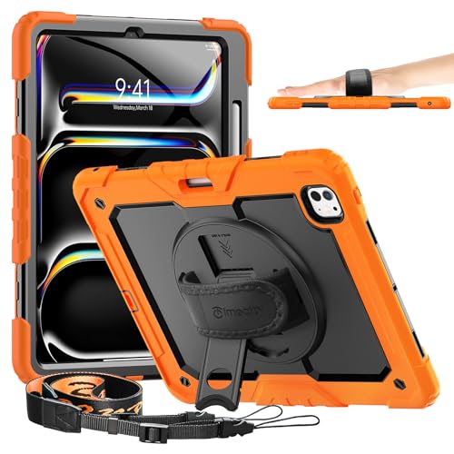 Timecity iPad Pro 13インチ ケース 2024新モデル 三層保護 耐衝撃 360°スタンド 画面フィルム ペン収納付き Pencil対応 横置き 縦置き バンド&ショルダー ストラップ 肩掛け 首掛け 現場 防塵 傷防止 タイピング 子供